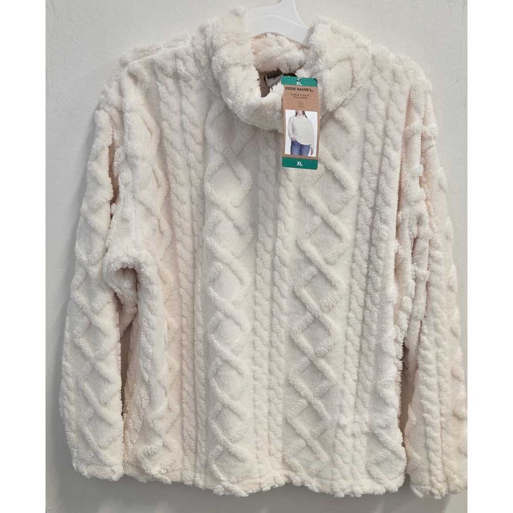Eddie Bauer Women XL Cable Fleece Pullover Mock Neck Ivory Off White Ultrasoft